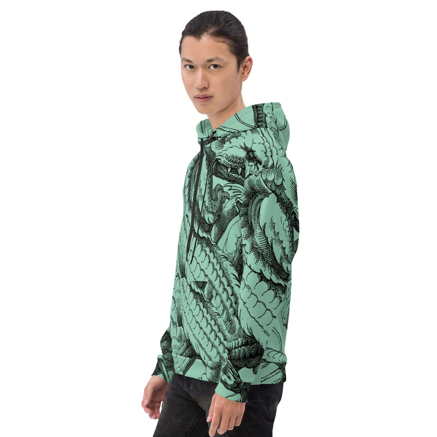 Person wearing Unisex-Kapuzenpullover N°47 with a dragon print, demonstrating soft and stylish design for cool evenings.