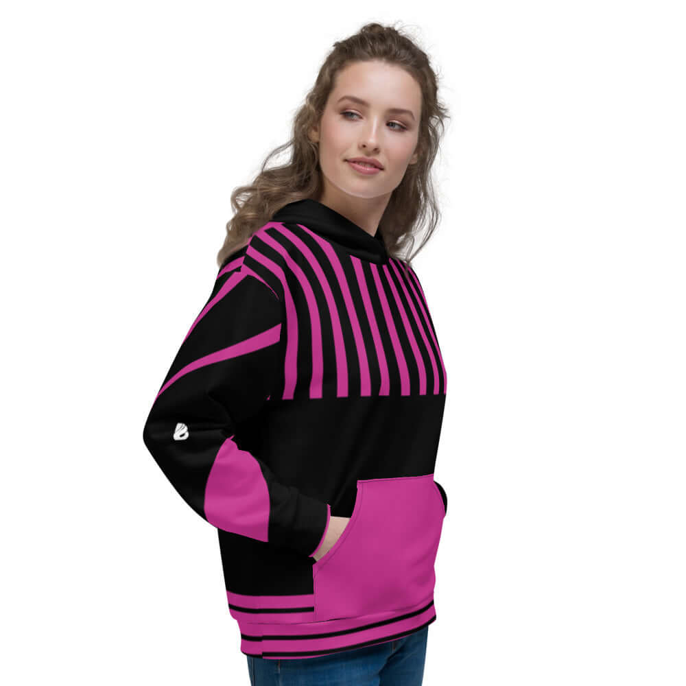 Unisex-Kapuzenpullover N°6 mit lebendigem pink-schwarzem Design, weicher Innenstoff, ideal für kühle Abende