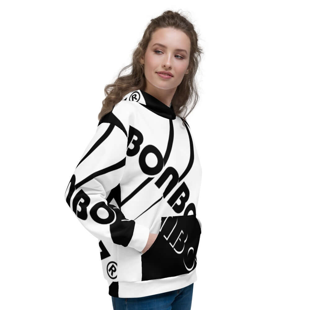 Model wearing Unisex-Kapuzenpullover N°13 with bold black and white print, showcasing soft fabric and comfortable fit.