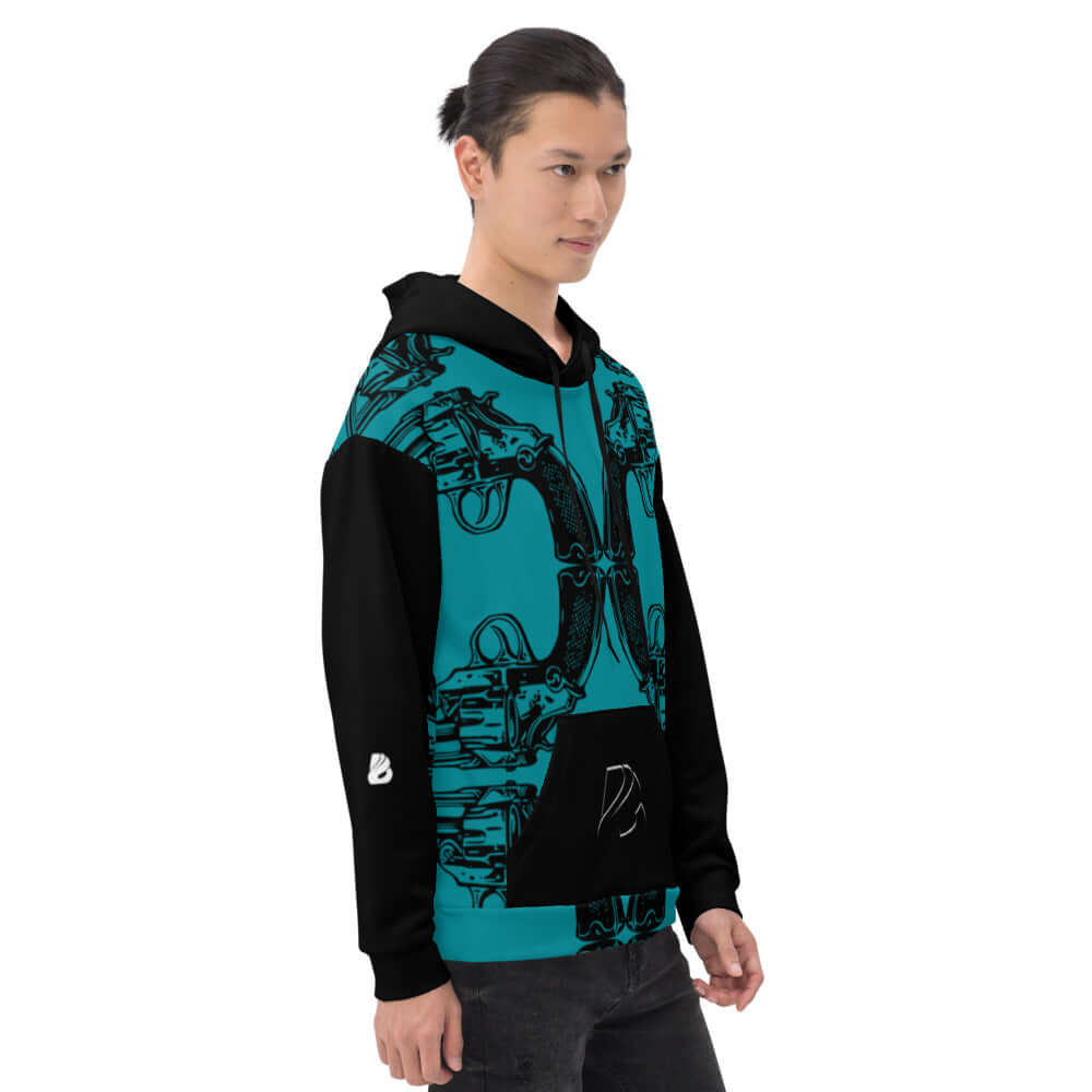 Model wearing Unisex-Kapuzenpullover N°20 with vibrant print and black sleeves, showcasing a comfortable and stylish design.