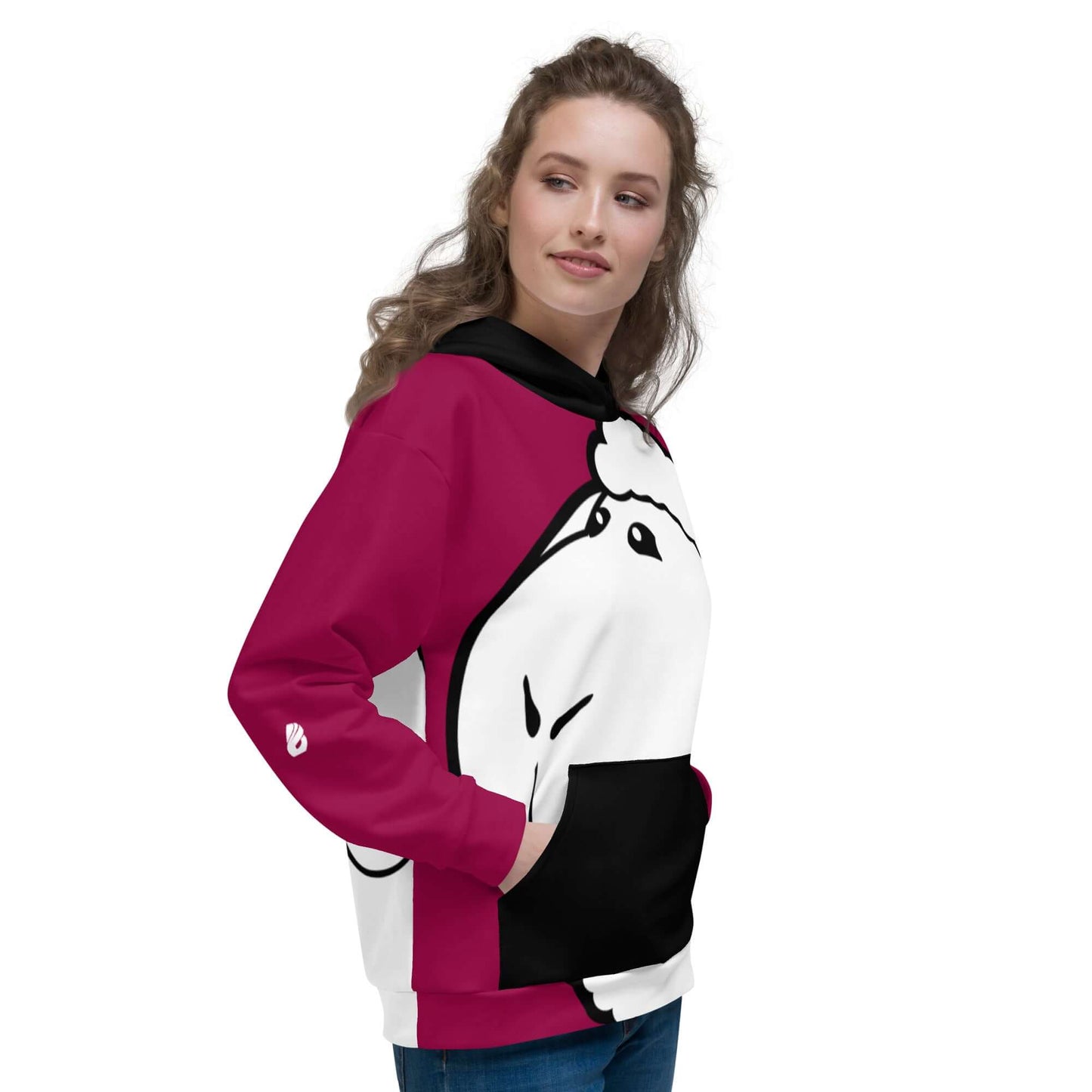 Model wearing Unisex-Kapuzenpullover N°38, vibrant red graphic hoodie with soft brushed fleece interior, perfect for cool evenings.