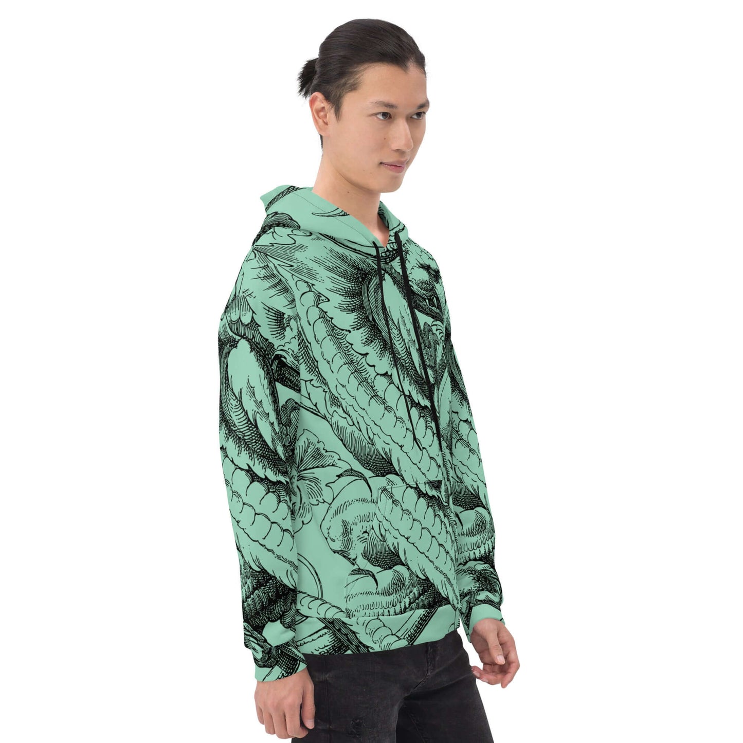 Model wearing Unisex-Kapuzenpullover N°47 with vibrant print, soft exterior, and brushed fleece interior, perfect for cool evenings.
