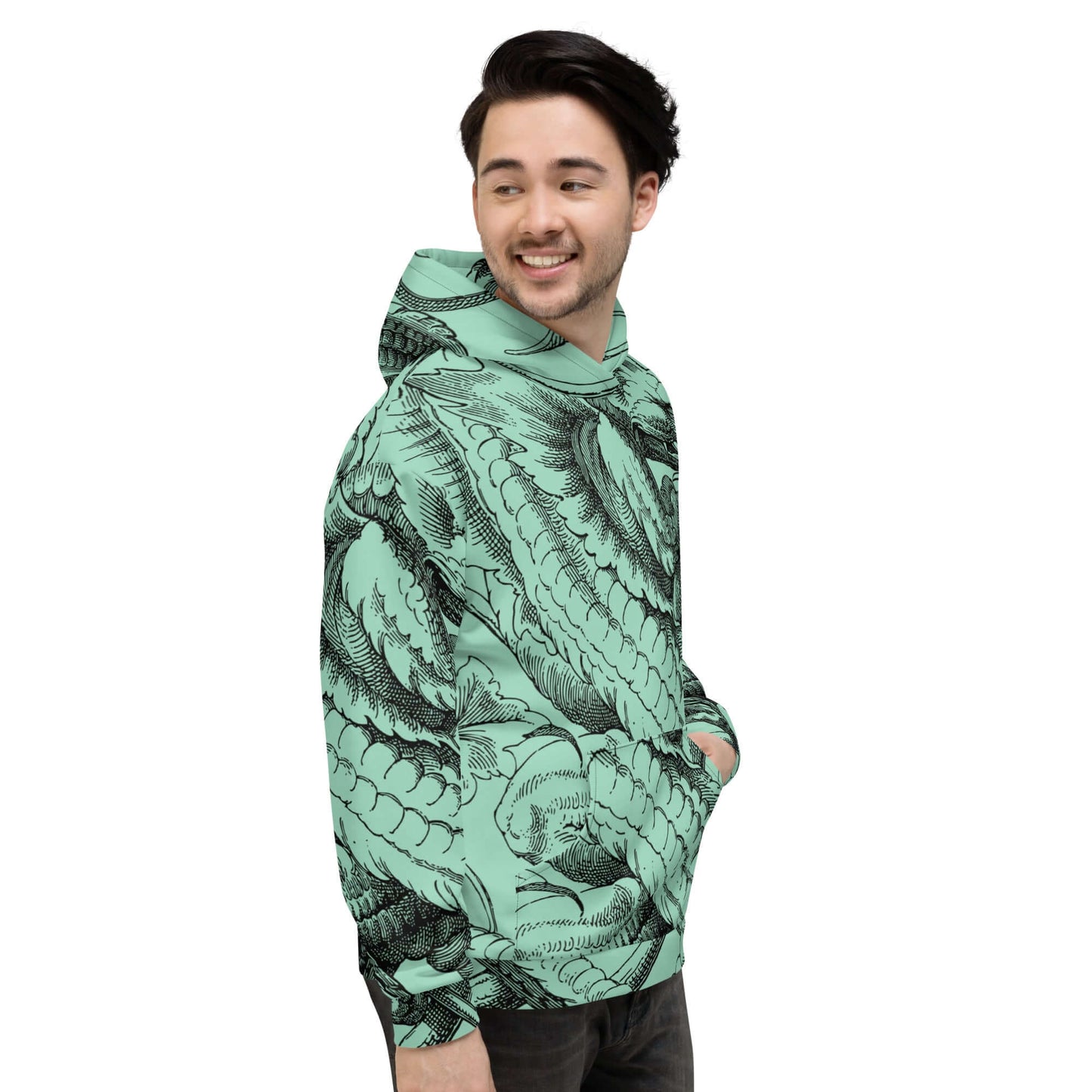Model wearing Unisex-Kapuzenpullover N°47 with intricate pattern, soft inner fleece. Cozy and stylish for cool evenings.
