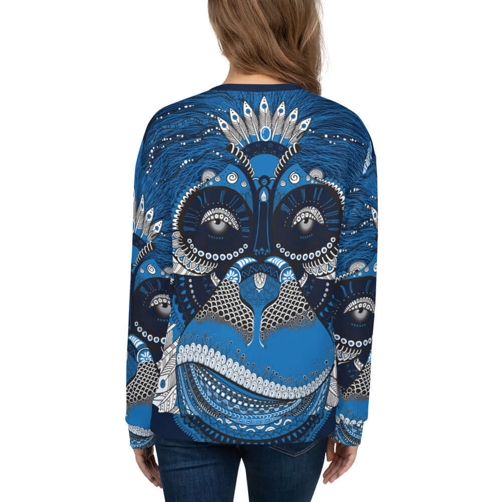 Back view of Unisex-Pullover N°4 with intricate blue and white printed design, showcasing detailed craftsmanship and unique patterns.