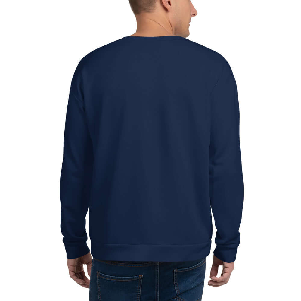 Back view of Unisex-Pullover N°11 in dark blue color, showcasing soft fabric and casual fit.