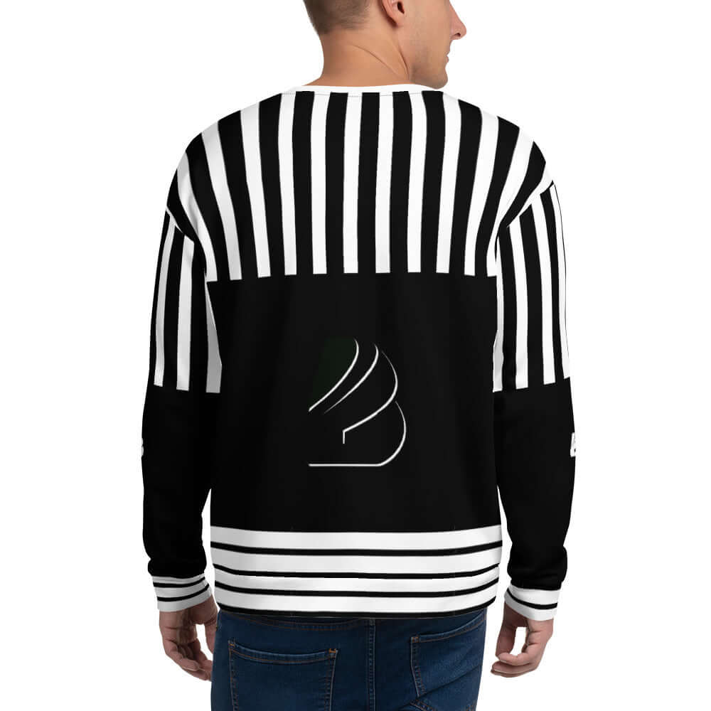Back view of Unisex-Pullover N°15, featuring black and white striped design, worn by a model. Comfortable cotton-feel fabric.