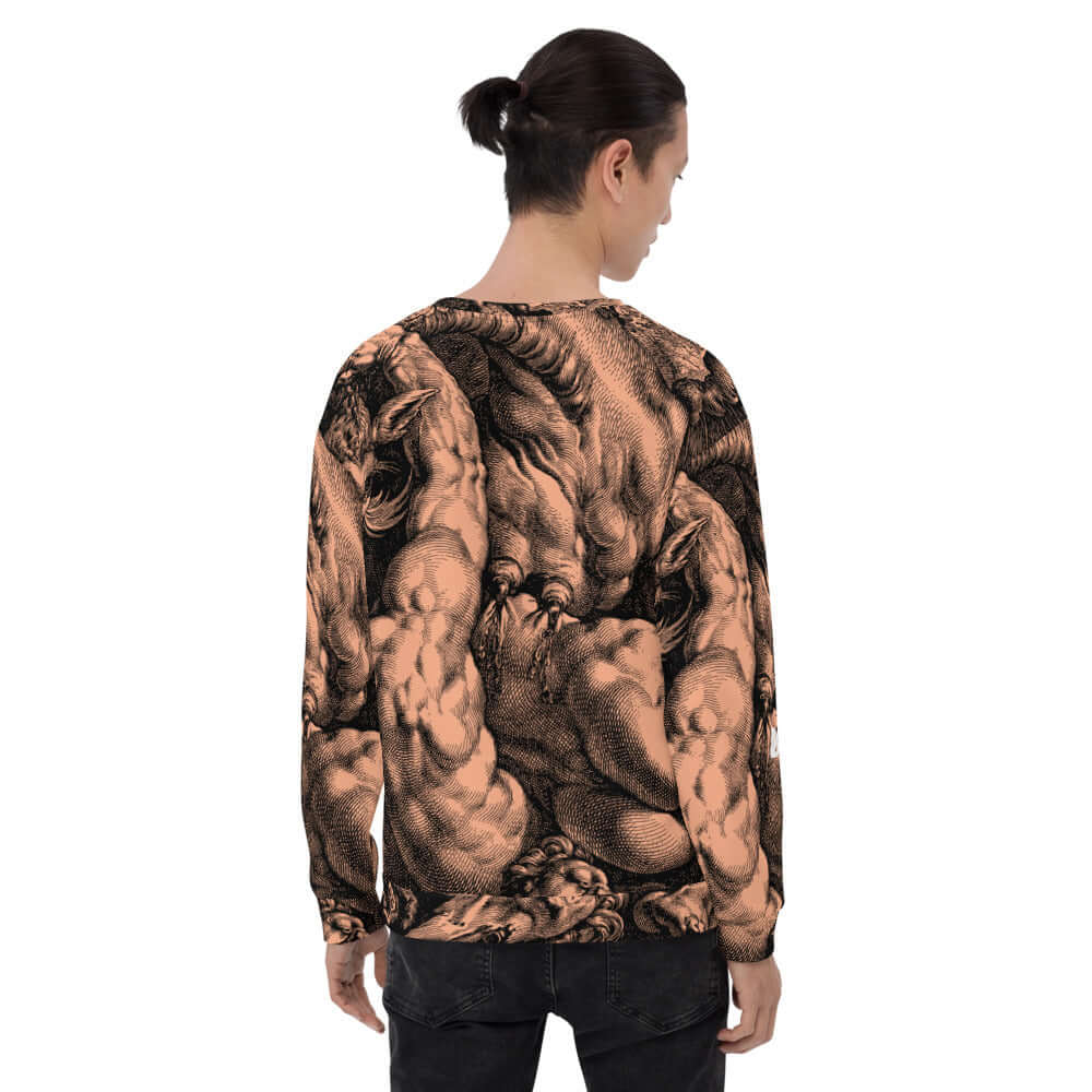 Person wearing Unisex-Pullover N°17 with intricate, full-print design and soft fleece finish