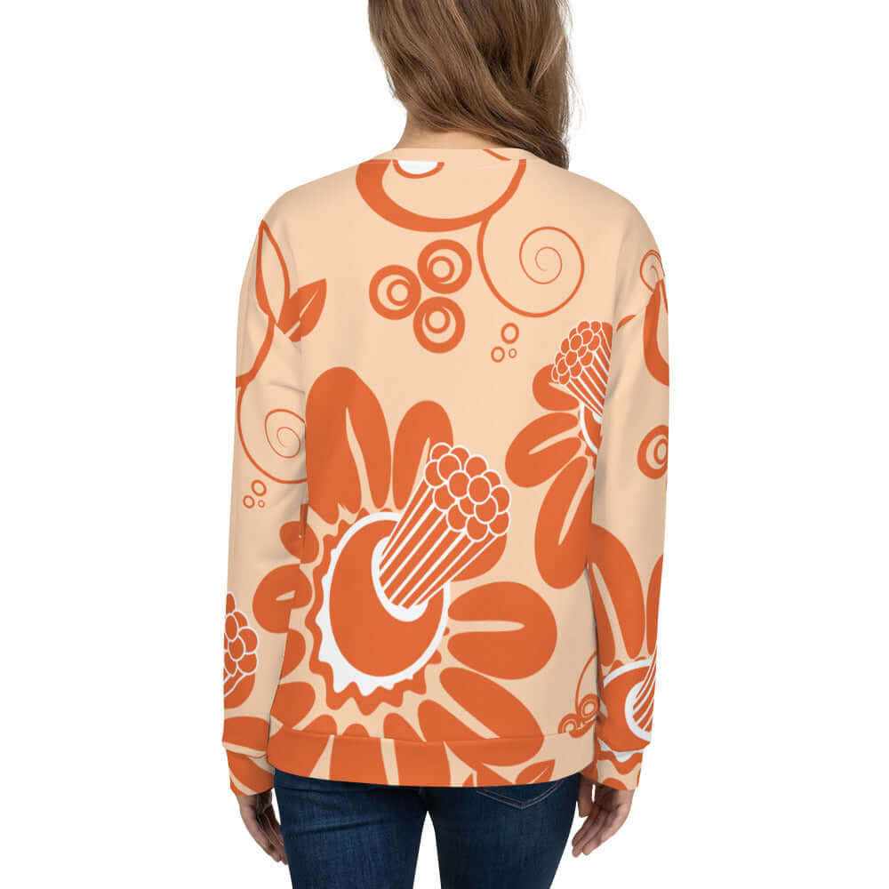 Back view of Unisex-Pullover N°20 with unique orange pattern, polyester-cotton blend, precision cut and hand-sewn, soft brushed fleece.