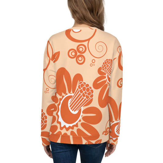 Back view of Unisex-Pullover N°20 with unique orange pattern, polyester-cotton blend, precision cut and hand-sewn, soft brushed fleece.