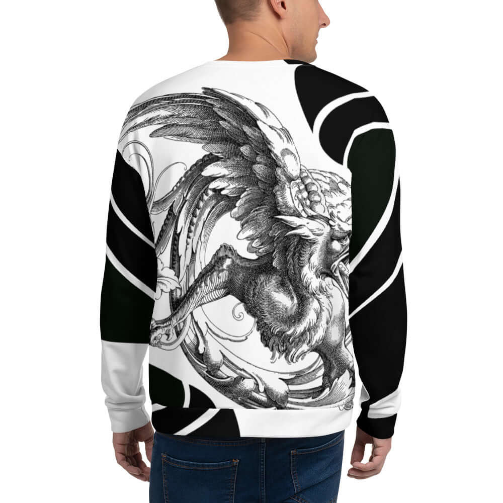 Back view of Unisex-Pullover N°22 featuring intricate graphic design in black and white, highlighting unique style and craftsmanship.
