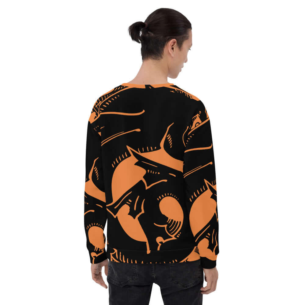 Back view of vibrant orange and black Unisex-Pullover N°24, featuring unique, intricate design, precise cut, and comfortable fleece fabric.