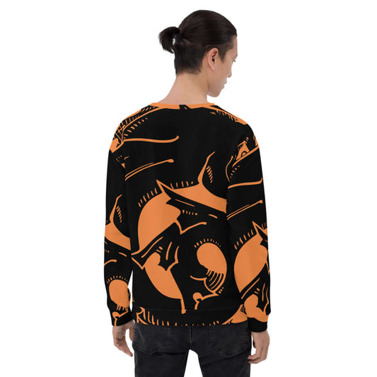 Back view of vibrant orange and black Unisex-Pullover N°24, featuring unique, intricate design, precise cut, and comfortable fleece fabric.