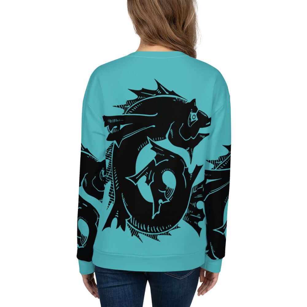 Unisex-Pullover N°25 with intricate fish design on back, showcasing high-quality fabric and craftsmanship for long-lasting wear.