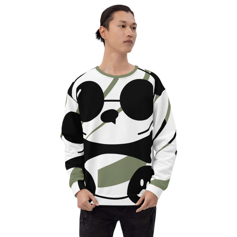 Model wearing Unisex-Pullover N°3 with unique full print design and soft cotton-feel fabric.
