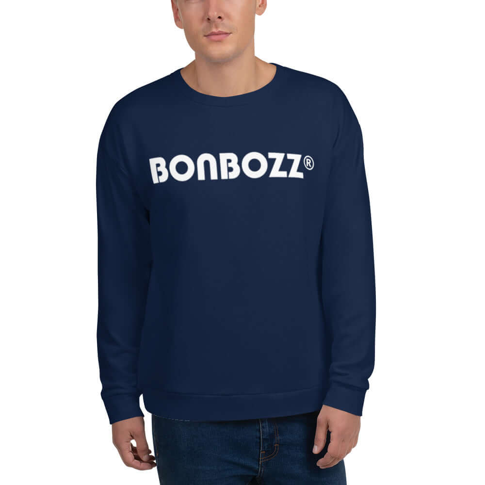 Man wearing Unisex-Pullover N°11 in navy blue with 'Bonbozz' text, showcasing unique design and soft feel, ideal for all-day comfort.