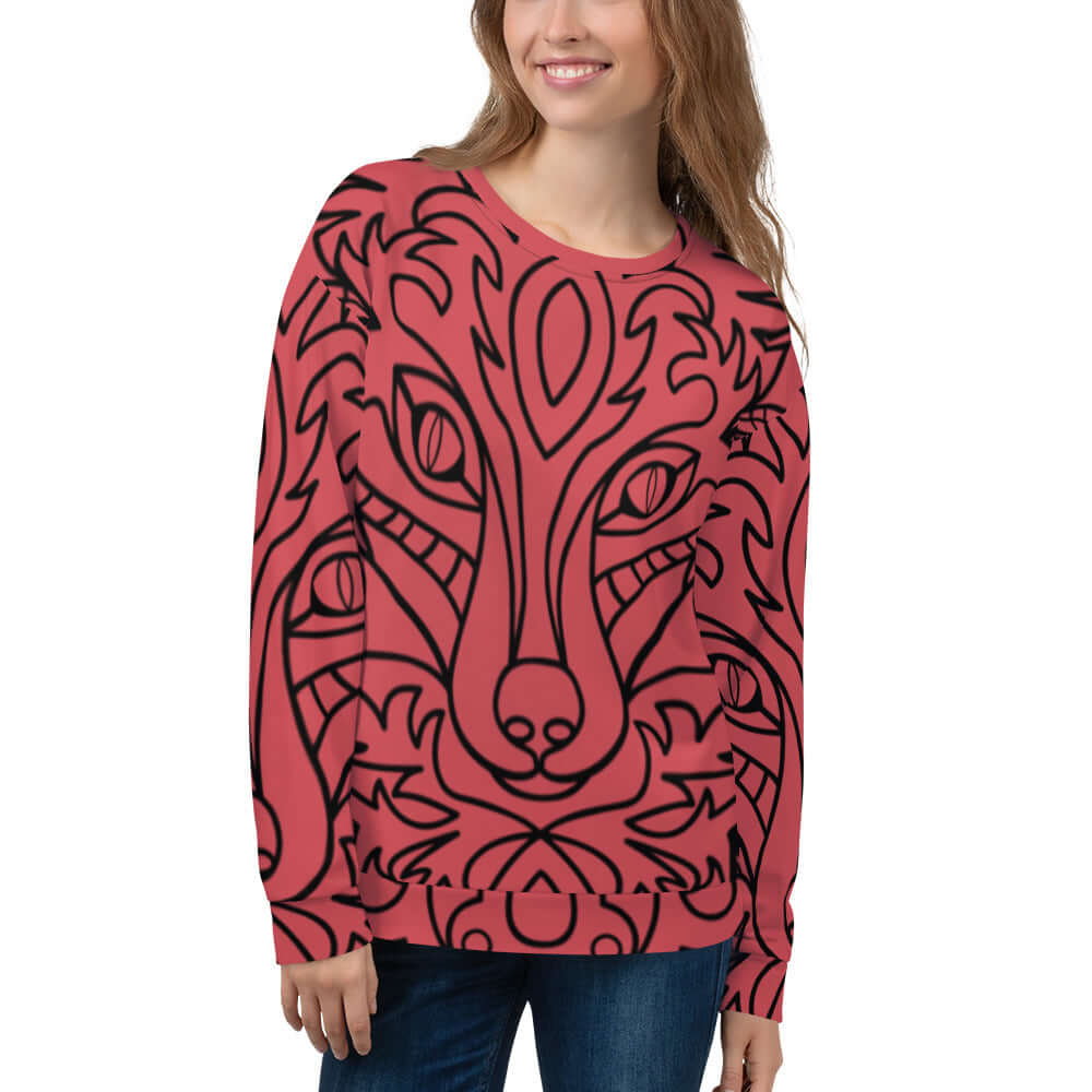 Woman wearing Unisex-Pullover N°16 with unique intricate design on red fabric