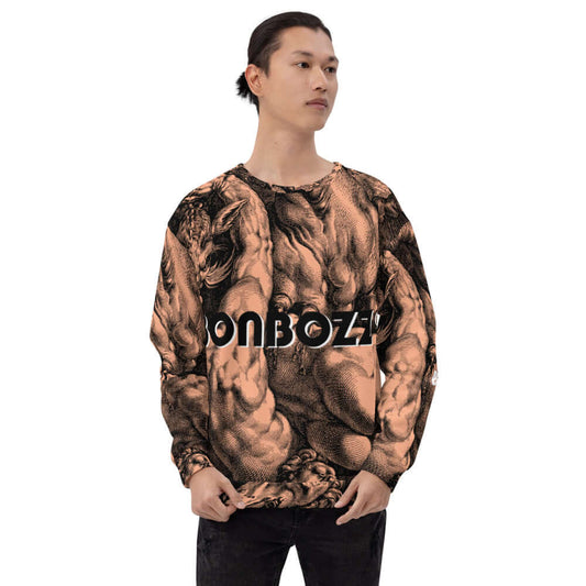 Person wearing Unisex-Pullover N°17 with intricate design and lettering