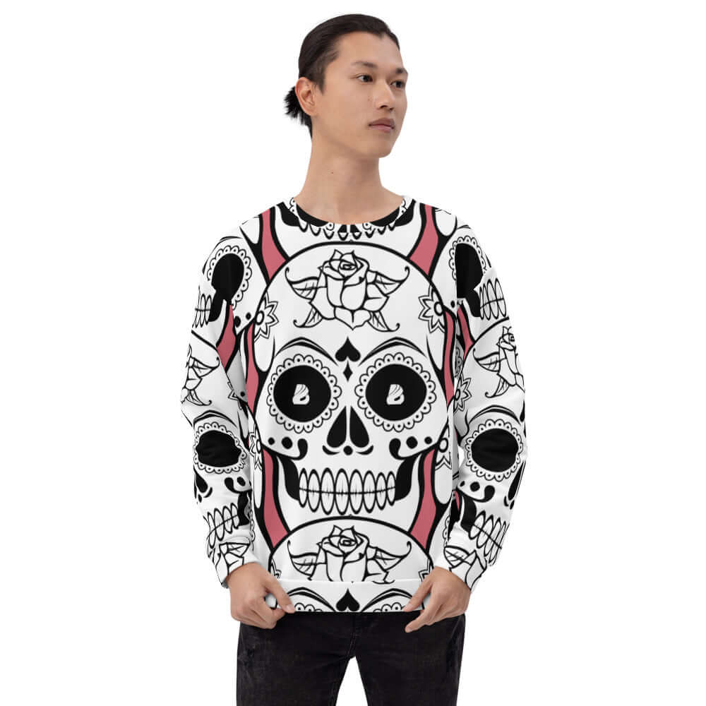 Model wearing Unisex-Pullover N°19 with intricate skull and rose design, polyester-cotton blend, hand-sewn for precision.