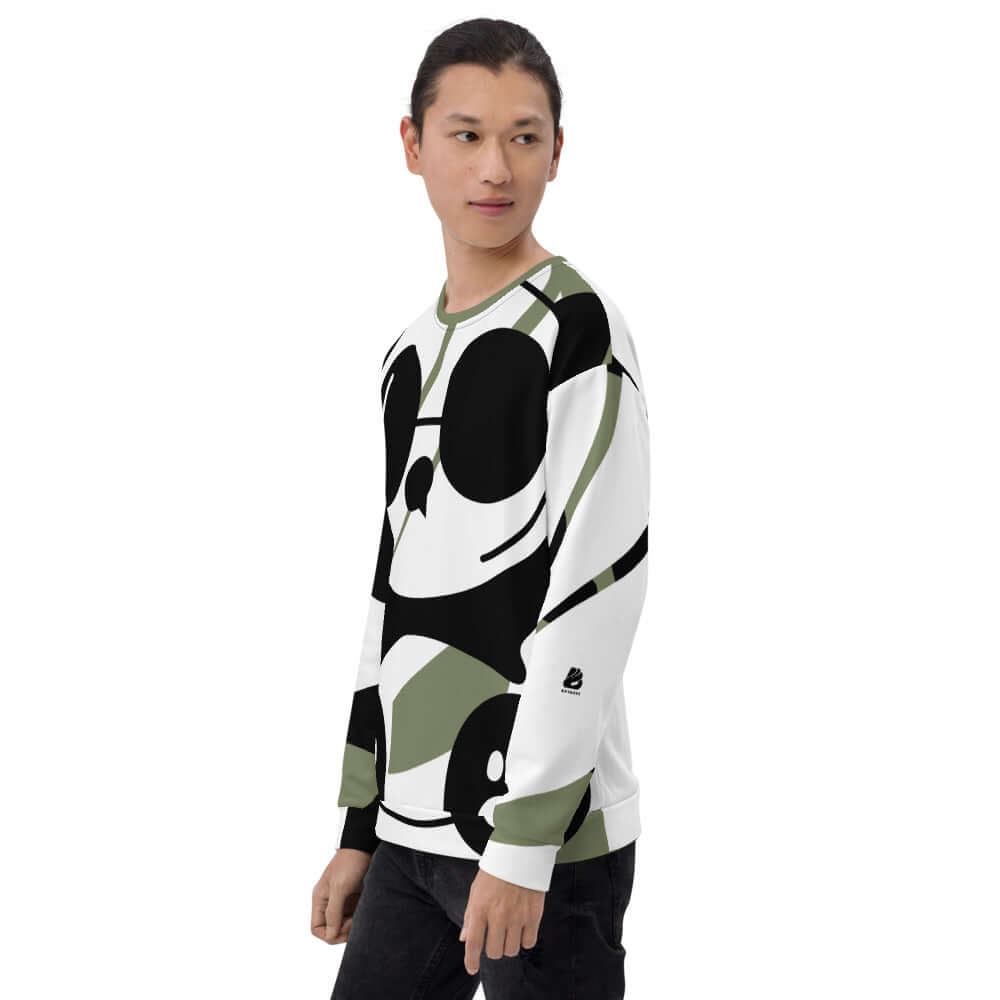 Model wearing Unisex-Pullover N°3 with unique printed design, hand-sewn for precision, showcasing durable material styling.