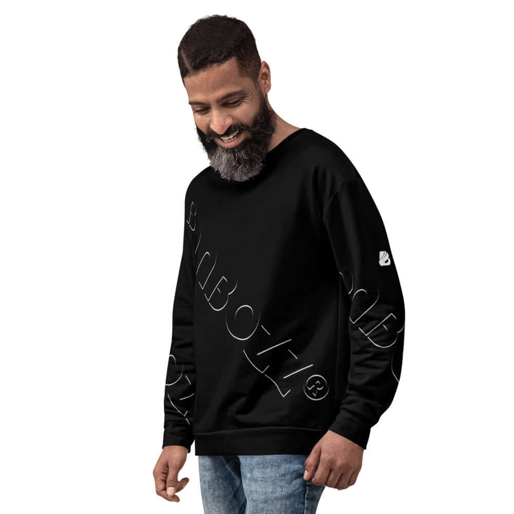 Unisex-Pullover N°14 worn by a person, showcasing all-over print design, made of polyester and cotton blend for durability and comfort.