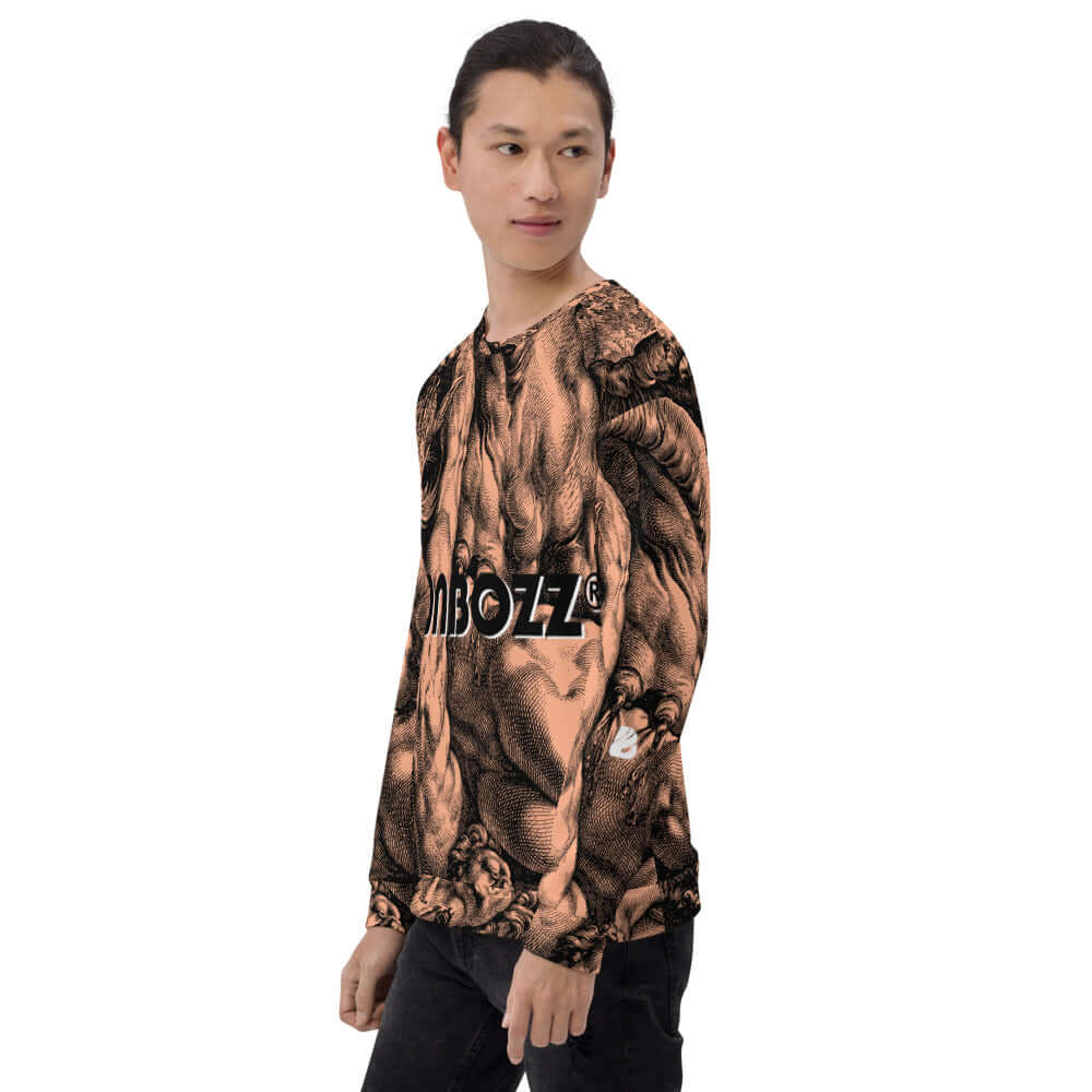 Model wearing Unisex-Pullover N°17 with intricate print and soft fleece, showcasing unique all-over design.