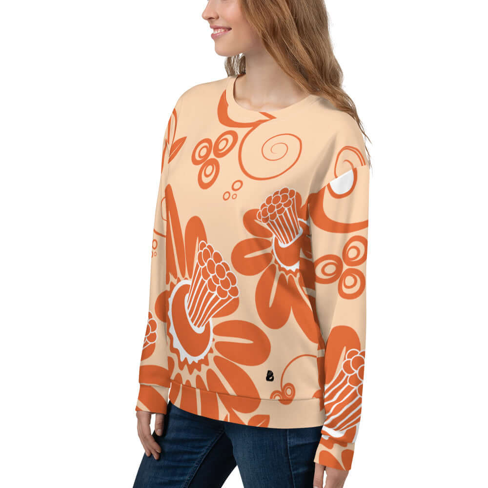 Unisex-Pullover N°20 with intricate orange floral design, handmade and high-quality material for comfort and style.
