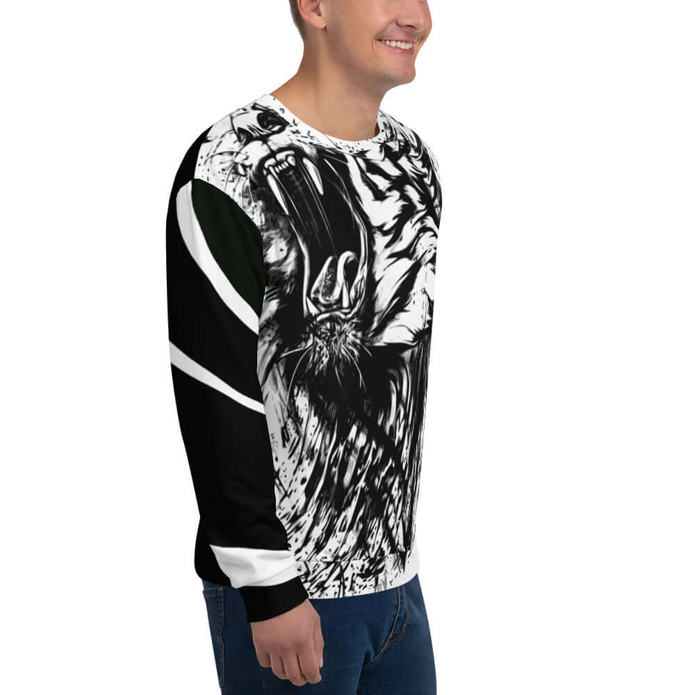 Alt Tag: Man wearing Unisex Sweatshirt N°0 with intricate black and white graphic design, soft cotton-feel face, and brushed fleece inside