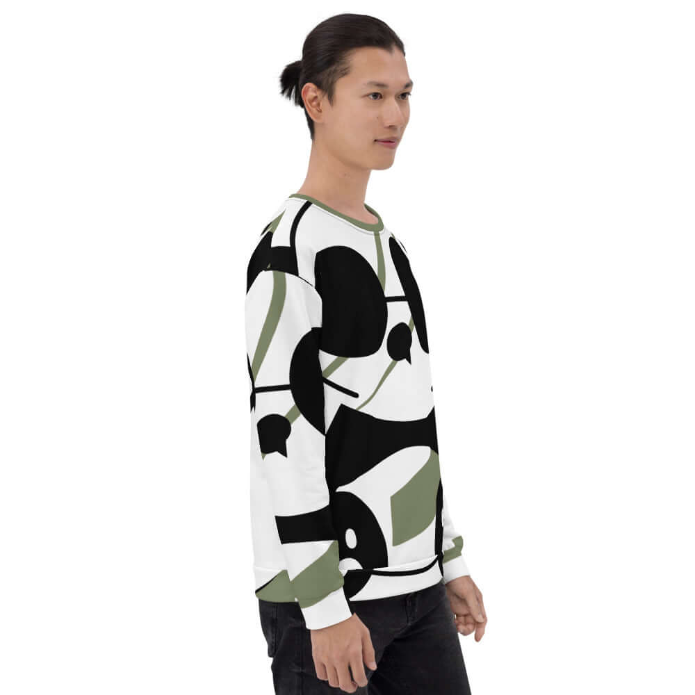 Model wearing Unisex-Pullover N°3 with abstract design, polyester-cotton blend, hand-sewn for quality and comfort.