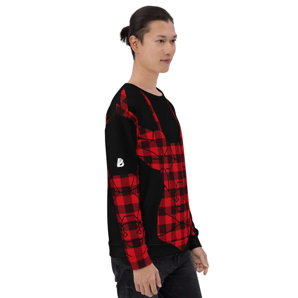 Unisex-Pullover N°7 in red and black checkered pattern; soft fleece fabric; ideal for casual wear.
