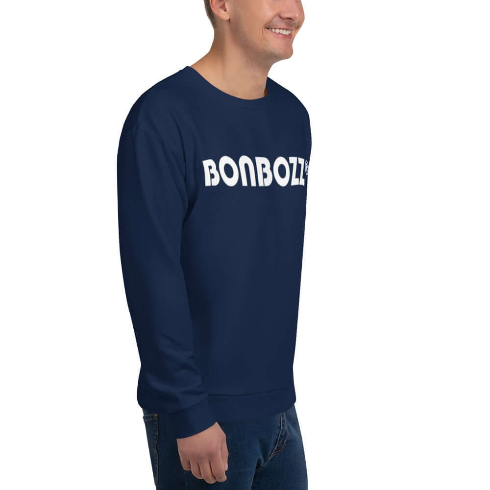 Person wearing a navy Unisex-Pullover N°11 with bold white letters on front, displaying casual style and long sleeves. Cotton-feel fleece material