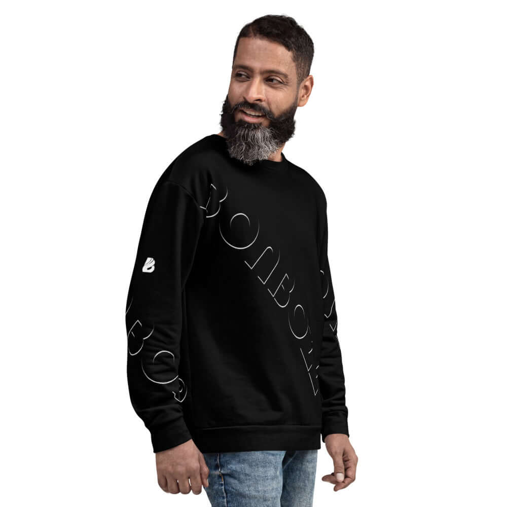 Man wearing Unisex-Pullover N°14 with unique design, made from polyester-cotton blend, highlighting detailed craftsmanship and comfort.