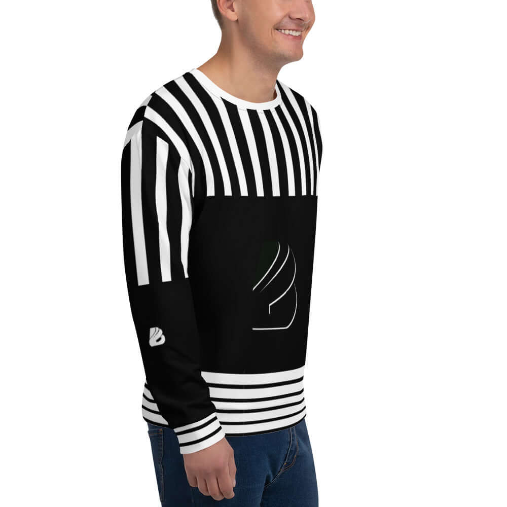 Smiling person wearing Unisex-Pullover N°15 with black and white striped design, showcasing unique handcrafted print.