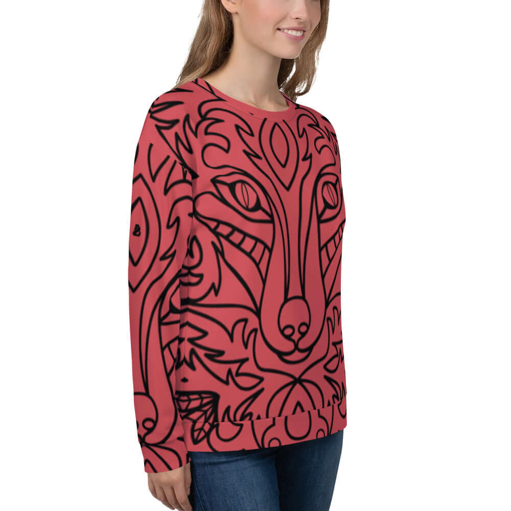 Unisex-Pullover N°16 with unique intricate design, handmade for a perfect fit and comfort, modeled by a person wearing blue jeans