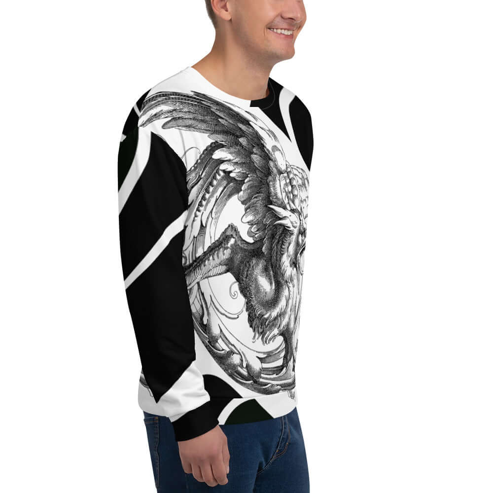 Model wearing Unisex-Pullover N°22 with intricate art design, highlighting precision cut and soft fleece fabric composition.