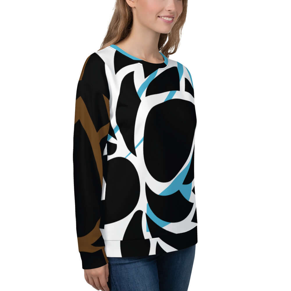 Unisex-Pullover N°23 with unique full print and soft fleece, featuring abstract design in black, brown, and blue colors.
