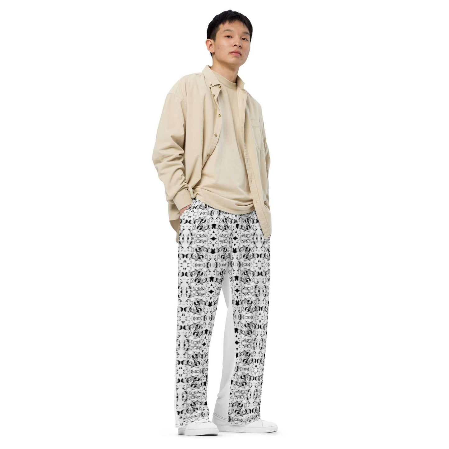 Model wearing Unisex-Hose mit weiten Beinen N°0 with adjustable elastic waistband and side pockets, showcasing comfort and style.
