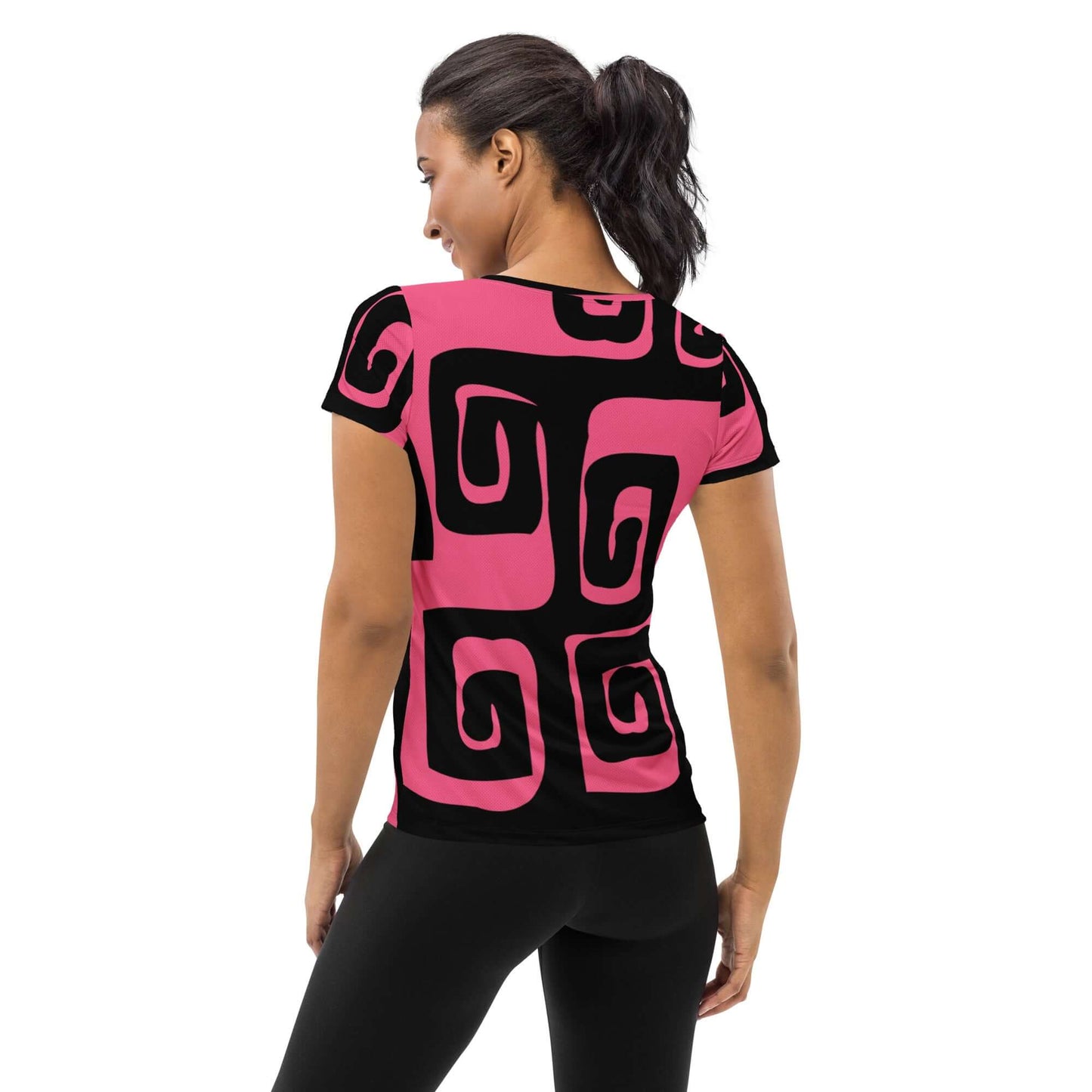 Allover-Sport-T-Shirt für Damen N°4 in pink and black with moisture-wicking fabric, perfect for stylish and comfortable workouts.