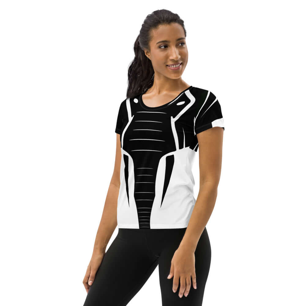 Woman wearing Allover-Sport-T-Shirt für Damen N°0 with unique design, moisture-wicking and antimicrobial fabric, front view.