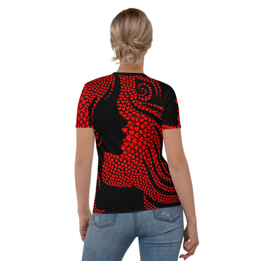 Damen-T-Shirt N°0 featuring red and black heart pattern design, comfortable fit with four-way stretch fabric for women.