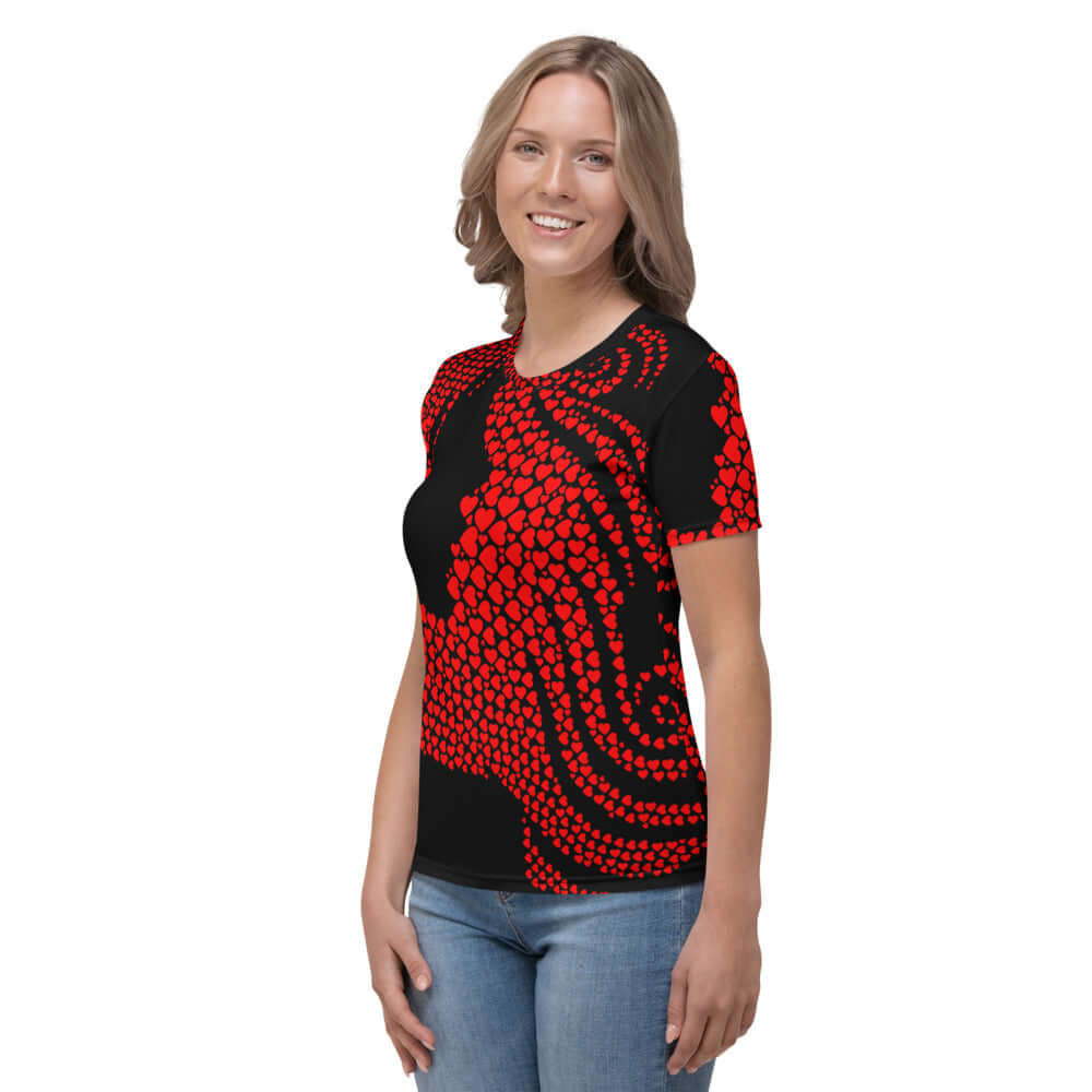 Woman wearing Damen-T-Shirt N°0 with red and black pattern design, showcasing four-way stretch and smooth comfort.