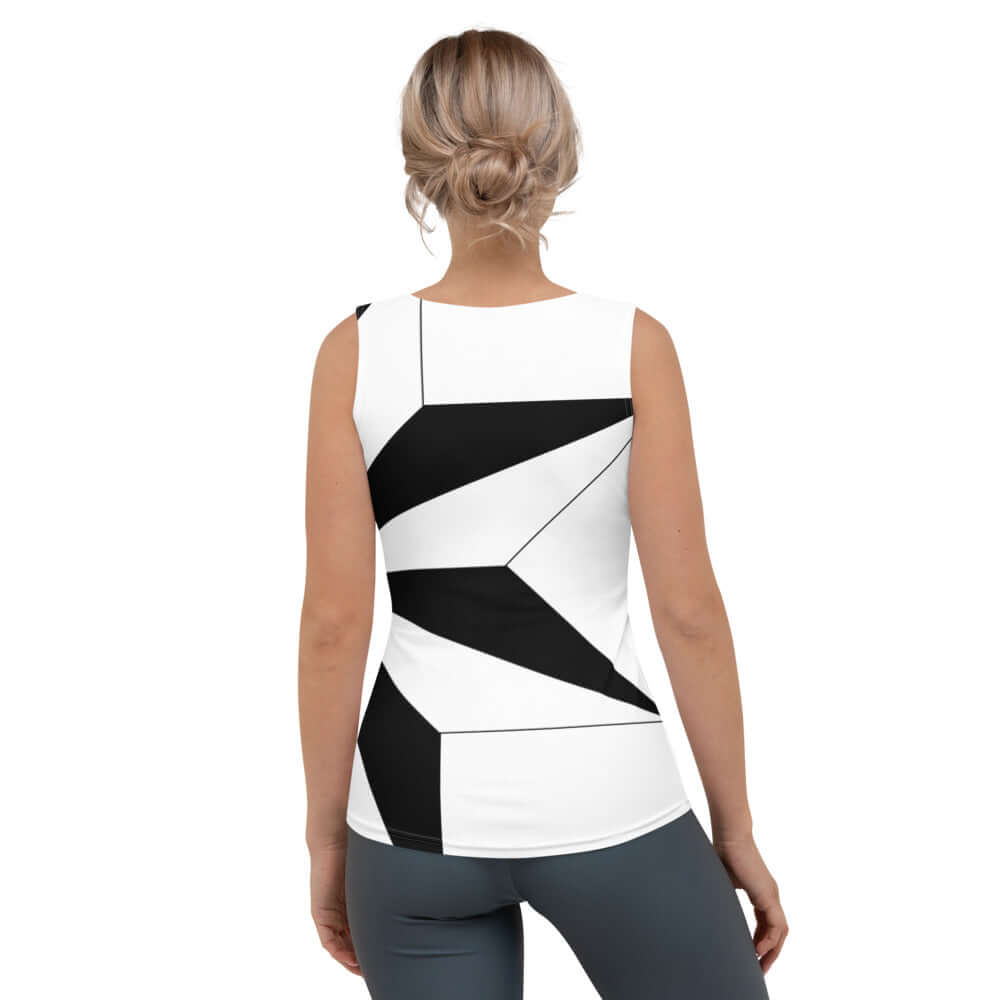 Woman wearing Sublimation-Cut-&-Sew-Tank-Top N°2, featuring a black and white geometric design.