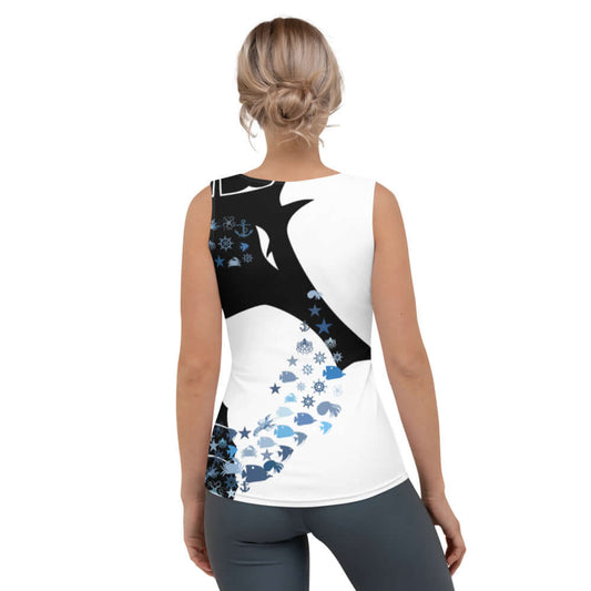Back view of woman wearing Tank-Top N°0 with abstract black and white design, four-way stretch fabric, perfect for versatile styling.