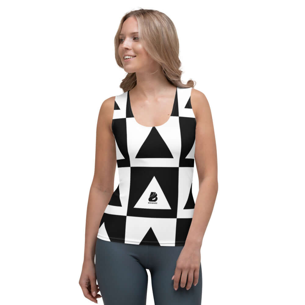 Model wearing Sublimation-Cut-&-Sew-Tank-Top N°0 with geometric black and white pattern, showcasing body-hugging fit and stretch fabric.
