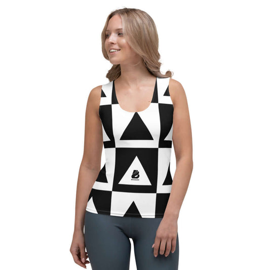 Model wearing Sublimation-Cut-&-Sew-Tank-Top N°0 with geometric black and white pattern, showcasing body-hugging fit and stretch fabric.