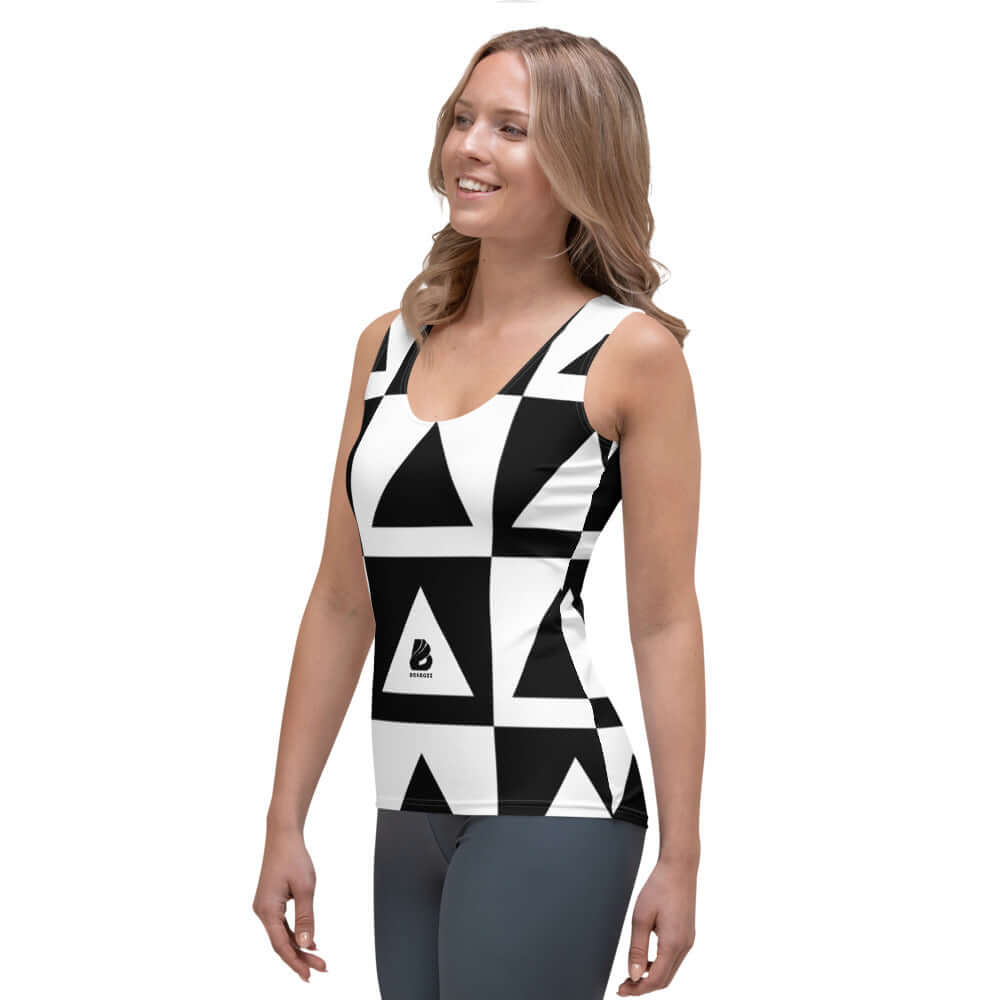 Woman wearing Sublimation-Cut-&-Sew-Tank-Top N°0 with geometric design, showcasing four-way stretch and comfort fit.