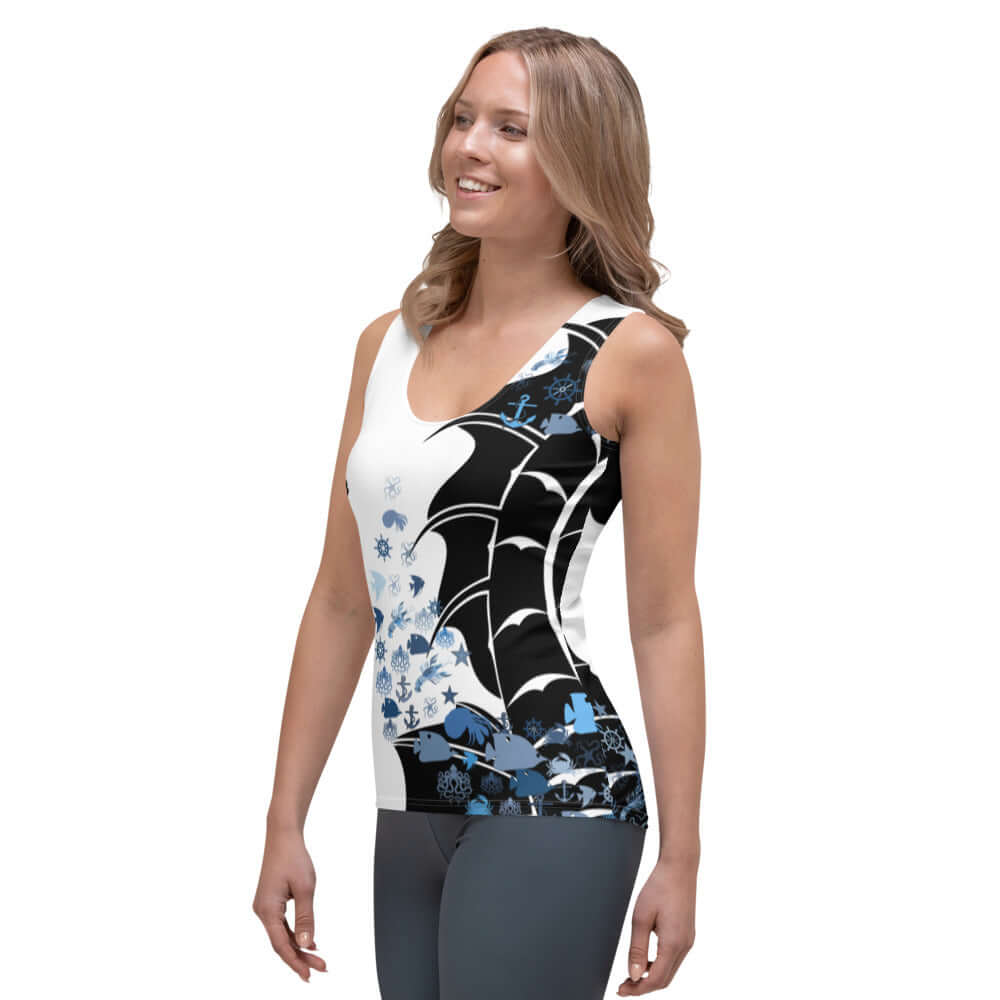 Woman wearing stylish Tank-Top N°0 with unique graphic pattern, showcasing four-way stretch and comfortable fit in microfiber fabric.