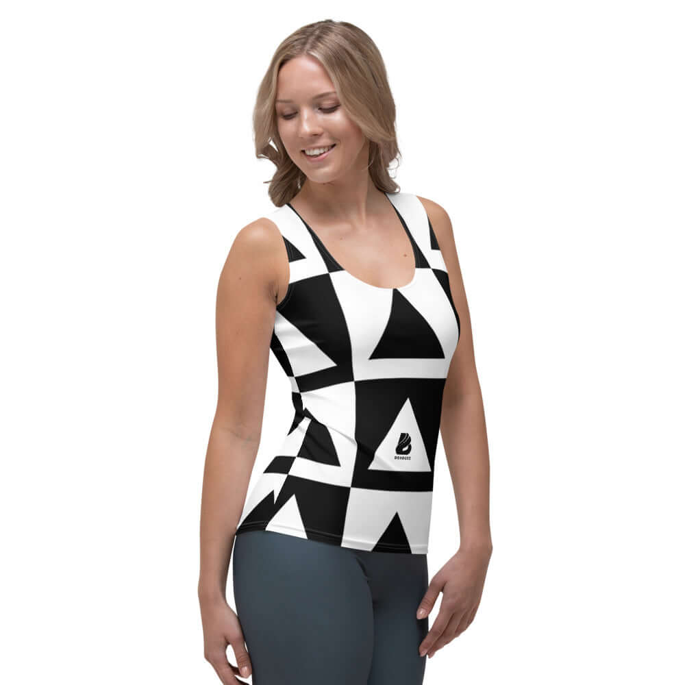 Woman wearing Sublimation-Cut-&-Sew-Tank-Top N°0 with black and white geometric design, made of polyester and elastane with four-way stretch.