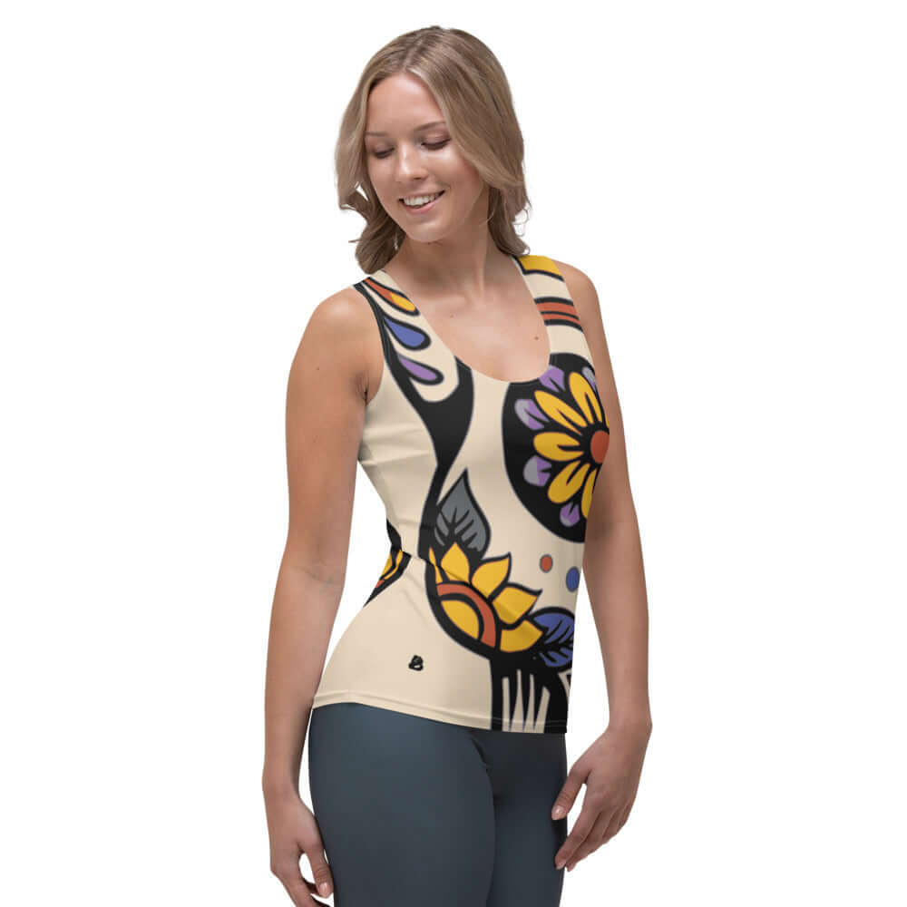 Woman wearing a Sublimation-Cut-&-Sew-Tank-Top N°1 with colorful floral design, showcasing four-way stretch fabric.