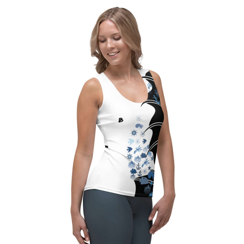 Woman wearing Tank-Top N°0, white body-hugging, four-way stretch polyester-elastane top with floral pattern, side view
