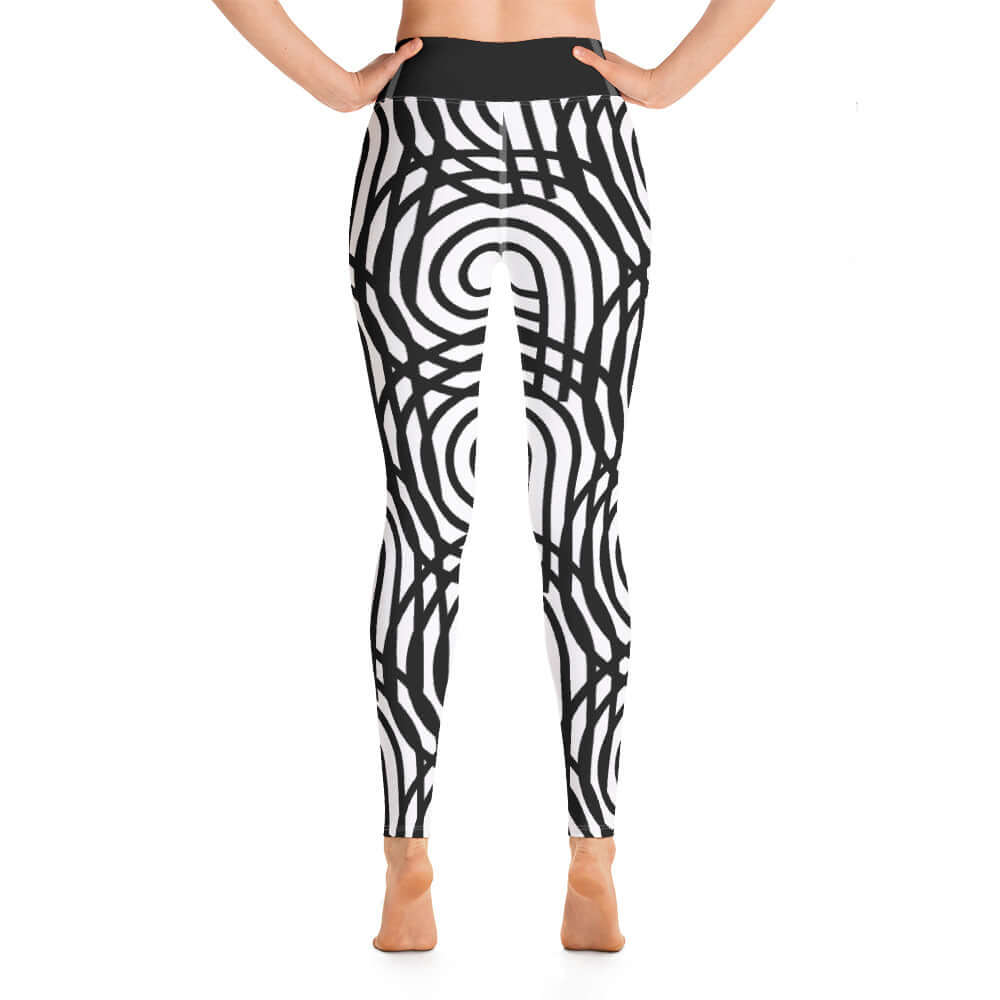 Back view of Yoga-Leggings N°0 featuring black and white abstract design, high waist, super soft stretchy fabric for women.